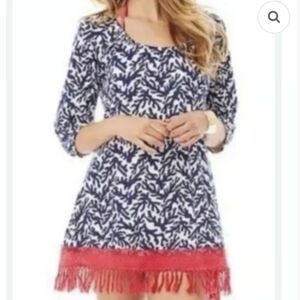 LILLY PULITZER ALIA BEACH COVERUP DRESS NAVY BLUE TREASURE FRINGE SIZE XS